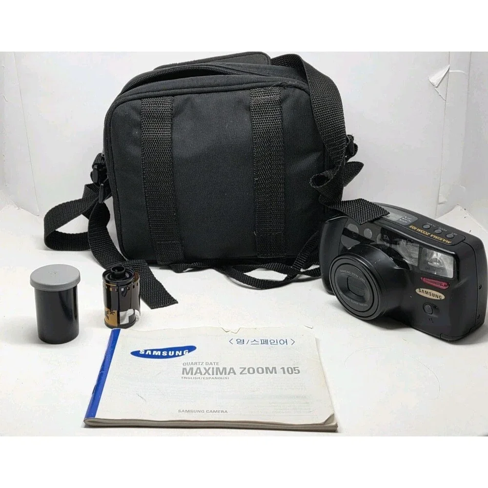 Samsung Maxima Zoom 105 35mm Film Cam Bundle w/ Case, Manual & Kodak Film Tested